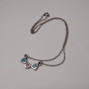 Cute Blue Red And Silver Tone 3 Heart Necklace 16.5 Inches Long